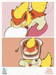  bite_mark bread comic crumbs eeveelution flareon food generation_1_pokemon generation_2_pokemon hi_res hybrid_pokemon nintendo pokemon pokemon_(species) quilava syngie_(artist) toast 