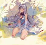  1girl absurdres bare_shoulders black_hair breasts cleavage commentary_request dress fire_emblem fire_emblem_engage gloves highres long_hair looking_at_viewer medium_breasts multicolored_hair obsession purple_eyes seiza sitting sleeveless sleeveless_dress solo streaked_hair thighs very_long_hair veyle_(fire_emblem) white_dress white_gloves white_hair 