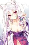  1girl adjusting_hair animal_ears arm_support breasts cleavage clothes_down fangs fox_ears fox_girl fox_tail hair_between_eyes hand_up highres japanese_clothes long_hair looking_at_viewer medium_breasts multiple_tails obi off_shoulder original panties panty_peek pink_nails purple_eyes purple_ribbon ribbon saeki_touma sash short_eyebrows simple_background smile solo tail thick_eyebrows underwear very_long_hair white_background white_hair white_panties 