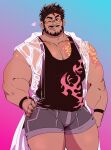  1boy :p bara beard black_hair black_tank_top blush bulge cowboy_shot dark-skinned_male dark_skin duncan_wijaya_(kokukokuboo) facial_hair glasses grey_shorts hands_on_hips heart highres kokukokuboo large_pectorals looking_to_the_side male_focus mature_male muscular muscular_male mustache one_eye_closed original pectoral_cleavage pectorals see-through short_hair shorts shoulder_tattoo solo spiked_hair tank_top tattoo thick_eyebrows thick_thighs thighs tongue tongue_out 