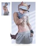 absurd_res anthro athletic athletic_male canid canine clothed clothing clothing_lift earbuds fox headphones hi_res male mammal manadezimon real shirt shirt_lift solo sweatpants tank_top topwear 