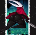  2023 abstract_background absurd_res anthro arthropod back_boob big_butt bottomless breasts bubble_butt butt butt_focus cloak clothed clothing curvy_figure edgeartstation empty_eyes english_text female glistening glistening_body hi_res holding_object holding_weapon hollow_knight hornet_(hollow_knight) huge_butt huge_thighs insect looking_back low-angle_view mostly_nude motion_lines nail_(weapon) partially_clothed perspective pose rear_view signature silksong solo team_cherry text thick_thighs topwear under_boob upskirt vessel_(species) weapon wide_hips 