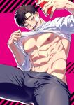  1boy abs bandaid bandaid_on_cheek bandaid_on_face bara bare_pectorals black_hair black_pants clothes_lift cover cover_page doujin_cover large_pectorals male_focus muscular muscular_male navel nipples open_mouth original pants pectorals shirt shirt_lift short_hair smile solo textless_version translation_request umedairuka white_shirt 