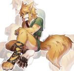  absurd_res alternate_species anthro blonde_hair blue_eyes canid canine claws fluffy fluffy_tail fox fur furrification hair hi_res link looking_at_viewer male mammal multicolored_body multicolored_fur nintendo nonoka917 pawpads paws solo tail the_legend_of_zelda two_tone_body two_tone_fur 
