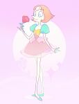  1girl blue_eyes blue_footwear blue_sleeves dress flower full_body hand_up highres holding holding_flower hua_hua_de_meme orange_hair pearl_(steven_universe) pink_background pink_dress puffy_short_sleeves puffy_sleeves red_flower red_rose rose short_sleeves smile solo steven_universe 