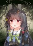  1girl :3 ahoge animal_ears binoculars black_hair blue_archive breasts duplicate e-note forest halo highres leaf leaf_on_head long_hair miyu_(blue_archive) nature open_mouth outdoors rabbit_ears red_eyes scared school_uniform small_breasts tree 