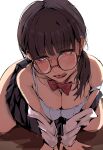  1girl alpha-type arm_support bare_shoulders black_skirt blush bow bowtie bra breasts brown_hair cleavage commentary_request glasses hair_over_shoulder highres large_breasts licking_lips long_hair miniskirt naughty_face nose_blush off_shoulder original pleated_skirt red_bow red_bowtie red_eyes school_uniform shirt simple_background skirt tongue tongue_out underwear white_background white_bra white_shirt 