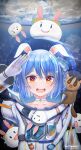  absurdres animal_ears betonamou blue_hair don-chan_(usada_pekora) earth_(planet) highres hololive orange_eyes planet rabbit_ears space spacesuit usada_pekora virtual_youtuber 