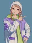  1girl absurdres asada_asahi asymmetrical_bangs blue_background braid brown_eyes brown_hair character_request copyright_request cropped_legs earrings green_hoodie green_nails hand_on_own_hip highres hood hoodie jacket jewelry looking_up purple_nails ring smile swept_bangs twin_braids v white_headwear winter_hat 