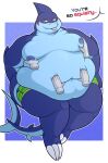  anthro belly_grab blush clothing dialogue dolfengra fish forked_tongue hi_res lamniform male marine moob_grab moobs navel nipples obese overweight overweight_male shark solo thefoxydragon thresher_shark tongue tongue_out torn_clothing 