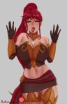  1girl aestheticc-meme armored_boots bar_censor bare_shoulders boots breasts brown_tube_top censored circlet gauntlets green_eyes grey_background highres large_breasts licking long_hair looking_at_viewer navel open_mouth ponytail pyrrha_nikos red_hair rwby simple_background solo strapless thigh_boots tongue tongue_out tube_top very_long_hair web_address 