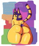  animal_crossing ankha_(animal_crossing) anthro bending_down big_butt blue_eyes blue_hair butt butt_focus butt_worship dialogue domestic_cat english_text felid feline felis female fur hair hi_res looking_at_viewer looking_back madmanransom mammal nintendo presenting presenting_hindquarters raised_tail solo tail talking_to_viewer text yellow_body yellow_fur 