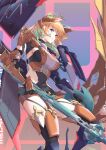  1girl absurdres alternate_costume armor covered_navel gloves high_heels highres holding holding_polearm holding_weapon hololive hololive_english horns mecha_musume mechanical_horns mechanical_legs mechanical_wings multicolored_hair open_mouth orange_hair polearm purple_eyes simple_background solo takanashi_kiara uhen virtual_youtuber weapon wings 
