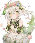  1girl cherry_blossoms commentary_request detached_sleeves dress falling_petals flower genshin_impact gradient_hair green_dress green_eyes green_hair hair_between_eyes hair_flower hair_ornament happy_birthday head_wreath highres long_hair looking_at_viewer multicolored_hair nahida_(genshin_impact) parted_lips petals pink_flower pointy_ears puffy_sleeves rose_petals sleeveless solo sorani_(kaeru0768) very_long_hair water_drop white_background white_hair 