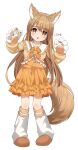  1girl :o absurdres animal_ears animal_hands blush_stickers breasts brown_footwear brown_hair claw_pose collar dopamine70 dress frilled_collar frilled_dress frills full_body gloves hands_up head_tilt highres leg_warmers long_hair long_sleeves looking_at_viewer open_mouth orange_dress original paw_gloves shoes short_dress simple_background small_breasts solo standing straight-on straight_hair swept_bangs tail white_background white_collar white_gloves yellow_eyes 