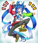  1girl ahoge animal_ears aqua_hair arm_up black_bodysuit black_nails blue_eyes blue_hair bodysuit boots clenched_hand commentary crossed_bangs heterochromia honda_takaharu horse_ears horse_girl horse_tail jumping leg_up long_hair long_sleeves looking_at_viewer multicolored_coat multicolored_hair notice_lines open_mouth print_coat purple_eyes sharp_teeth smile solo star_(symbol) star_print stuffed_animal stuffed_rabbit stuffed_toy tail teeth twin_turbo_(umamusume) twintails two-tone_hair umamusume very_long_hair yellow_footwear 