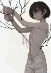  1boy black_hair branch empty_eyes end80236189 grey_eyes hands_up highres holding holding_branch male_focus original pants ribs short_hair topless_male white_background white_pants 