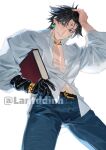  1boy alternate_costume black_eyes black_hair book chrollo_lucilfer cross_tattoo denim earrings facial_mark feet_out_of_frame forehead_tattoo formal from_below holding holding_book hunter_x_hunter jeans jewelry lan_dinh_thi_dieu long_sleeves looking_at_viewer male_focus midriff_peek pants pectoral_cleavage pectorals shirt short_hair simple_background solo white_shirt 