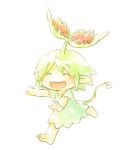  1girl :d ^_^ barefoot chibi closed_eyes dress full_body green_dress green_hair happy light_blush lowres open_mouth original outstretched_arms plant plant_on_head pointy_ears rakuni running short_hair simple_background smile solo venus_flytrap 