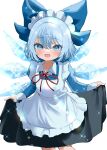  1girl absurdres alternate_costume apron black_dress blue_bow blue_dress blue_eyes blue_hair blush bow cirno cirno_day dress enmaided fairy fang hair_between_eyes hair_bow highres ice ice_wings juliet_sleeves long_sleeves maid maid_apron maid_headdress mikan_(manmarumikan) open_mouth puffy_sleeves short_hair simple_background skin_fang smile solo touhou white_apron white_background wings 
