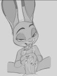  2023 anthro bedroom_eyes bodily_fluids disembodied_penis disney drooling duo ears_up erection female female_focus first_person_view foreskin foreskin_play genitals greyscale judy_hopps lagomorph leporid licking looking_at_viewer male male/female male_pov mammal monochrome narrowed_eyes nude oral partially_retracted_foreskin penile penis penis_lick rabbit saliva seductive sex sketch solo_focus thehumancopier tongue tongue_out zootopia 