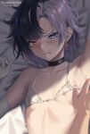  1girl black_choker black_hair blush bra breasts chocolate choker earrings heterochromia highres idol_corp jewelry looking_at_viewer lying multicolored_hair nipple_slip nipples on_bed prince purple_hair red_eyes rin_penrose short_hair small_breasts solo_focus split-color_hair sunset_skyline two-tone_hair underwear undressing undressing_another virtual_youtuber white_bra white_hair 