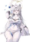 1girl absurdres ahoge animal_ears bikini blue_flower blue_rose blush breasts cleavage commentary_request feet_out_of_frame flower furry furry_female grey_hair hair_between_eyes hair_flower hair_ornament hannah_(mahjong_soul) highres large_breasts long_bangs long_hair looking_at_viewer mahjong_soul navel open_mouth pink_eyes rose sarong shiro_wa_(shiroshironix) simple_background sitting smile solo swimsuit tail tiger_ears tiger_girl tiger_tail very_long_hair white_background white_bikini white_flower white_sarong 