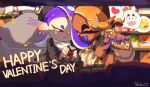  1boy 2girls :d ^_^ artist_name asymmetrical_hair bag bare_shoulders beamed_eighth_notes beret big_man_(splatoon) black_headwear black_jacket black_shirt blonde_hair blue_tongue blurry blurry_foreground blush brown_headwear candy chocolate chocolate_bar closed_eyes closed_mouth colored_skin colored_tongue commentary crop_top dark-skinned_female dark_skin eighth_note emoji english_commentary eyelashes facing_away fang food forehead frown frye_(splatoon) hair_over_one_eye hands_up happy_valentine hat heart highres hokkamuri holding holding_food indoors jacket jewelry long_sleeves manta_ray medium_hair midriff mixed-language_commentary multicolored_skin multiple_girls musical_note navel necklace one_eye_covered open_clothes open_jacket open_mouth parted_bangs pointing pointy_ears pout purple_hair purple_skin red_eyes scarf shelf shirt shiver_(splatoon) shopping shopping_cart short_eyebrows signature sleeveless sleeveless_shirt sleeveless_turtleneck smile sparkle speech_bubble splatoon_(series) splatoon_3 spoken_emoji spoken_heart stomach suction_cups take_yanzhu tentacle_hair tsurime turtleneck v-shaped_eyebrows white_scarf 