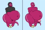  ambiguous_fluids anthro belly blue_eyes bottomless clothed clothing comparison dinosaur erection genitals hi_res hoodie hoodie_only male muscular muscular_male navel penis pregnant pregnant_male reptile rub_lug scalie shy slightly_chubby solo tail topwear topwear_only vore 