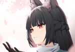  1girl absurdres animal_ear_fluff animal_ears black_gloves black_hair blunt_bangs braid commentary_request czk french_braid gloves hand_up highres hoshimi_miyabi long_hair parted_lips red_eyes solo zenless_zone_zero 