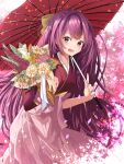  1girl absurdres bouquet bow commentary_request cowboy_shot hair_bow hakama hakama_skirt highres japanese_clothes kamikaze_(kancolle) kantai_collection kimono long_hair meiji_schoolgirl_uniform oil-paper_umbrella open_mouth pink_hakama purple_eyes purple_hair red_kimono skirt solo tasuki umbrella yamamori_oyatsu yellow_bow 