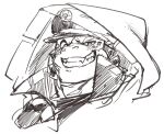  1boy bara collared_shirt commentary_request exe_exem fangs furry furry_male greyscale grin half-closed_eye hastur_(housamo) hat hood hood_up male_focus monochrome peaked_cap portrait shirt smile solo tokyo_afterschool_summoners 