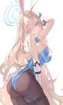  1girl animal_ears asuna_(blue_archive) asuna_(bunny)_(blue_archive) black_pantyhose blue_archive blue_eyes blue_halo blue_leotard blush breasts cowboy_shot drone_(drone_37) fake_animal_ears gloves grin hair_over_one_eye halo highres large_breasts leotard light_brown_hair long_hair looking_at_viewer official_alternate_costume pantyhose rabbit_ears rabbit_tail simple_background smile solo strapless strapless_leotard tail white_background white_gloves 