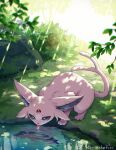  artist_name drinking espeon forest full_body grass highres kaminokefusa nature no_humans outdoors plant pokemon pokemon_(creature) reflection reflective_water solo water 