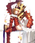  1girl blonde_hair boots crown dragon_tail elbow_gloves fate/grand_order fate_(series) fire gloves highres leg_up nero_claudius_(fate) queen_draco_(fate) red_eyes red_scales sitting su_ke234 tail thigh_boots 