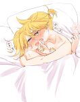  1boy 1girl bare_arms bare_shoulders bed_sheet blonde_hair blue_eyes blush collarbone face-to-face full-face_blush grabbing_another&#039;s_chin hand_on_another&#039;s_back hand_on_another&#039;s_chin heavy_breathing highres hug imminent_kiss implied_sex kagamine_len kagamine_rin messy_hair mimi_mine naked_sheet pillow pillow_grab short_ponytail spiked_hair sweat under_covers vocaloid yellow_nails 