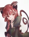  1girl absurdres animal_ears black_bow bow braid cat_ears cat_tail commentary_request dress green_dress grey_background hair_bow highres juliet_sleeves kaenbyou_rin long_hair long_sleeves multiple_tails pakkii_(vkdd5524) puffy_sleeves red_eyes red_hair side_braids simple_background solo tail touhou twin_braids two_tails 
