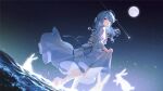  1girl absurdres blue_eyes blue_hair closed_mouth commentary_request dress frilled_dress frills full_body full_moon highres hkina7 hololive hoshimachi_suisei long_hair looking_back moon night night_sky official_art puffy_short_sleeves puffy_sleeves rabbit shooting_star short_sleeves skirt_hold sky smile solo star_(sky) starry_sky tassel virtual_youtuber water wavy_hair white_dress 