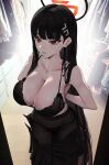  1girl absurdres black_bra black_hair black_panties blue_archive bra breasts closet clothes_pull halo highres jhigf large_breasts long_hair panties panties_under_pantyhose pantyhose parted_lips red_eyes rio_(blue_archive) skirt skirt_pull solo underwear undressing very_long_hair 