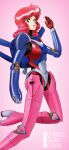  1girl airborne bubblegum_crisis copyright_name from_side gloves green_eyes high_heels highres leaning_forward liqueur_(retroot1) medium_hair nene_romanova open_mouth pink_background pink_hair red_gloves science_fiction smile solo thrusters 