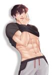  1boy abs black_hair black_shirt character_request clothes_lift commentary english_commentary g0mmi grey_pants guilty_challenge_(meme) highres male_focus meme muscular muscular_male navel pants purple_eyes shirt shirt_lift short_hair simple_background solo stomach valorant white_background 