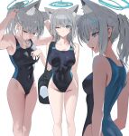  1girl adjusting_hair animal_ear_fluff animal_ears bag blue_archive blue_eyes breasts closed_eyes competition_swimsuit cross_hair_ornament extra_ears grey_hair hair_ornament hair_tie_in_mouth halo highres hood_(james_x) medium_breasts mouth_hold multiple_views official_alternate_costume one-piece_swimsuit one_eye_closed ponytail shiroko_(blue_archive) shiroko_(swimsuit)_(blue_archive) simple_background swimsuit white_background wolf_ears 