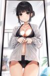  1girl bikini black_bikini black_eyes black_hair blush bow breasts hair_bow hair_bun highres indoors jacket kurokuro_illust large_breasts looking_at_viewer navel open_clothes original side-tie_bikini_bottom solo swimsuit white_bow 