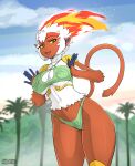  absurd_res accessory anthro bikini breasts brown_body brown_fur clothed clothing cloud female fire flaming_hair front_view fur generation_4_pokemon headband hi_res infernape looking_at_viewer mammal nintendo open_mouth partially_clothed pokemon pokemon_(species) primate pseudo_hair roadiesky skimpy sky solo standing swimwear tail tongue white_body white_fur 