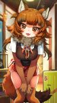 1girl absurdres animal_ears blurry blurry_background blush breasts brown_eyes brown_hair buttons center_frills dhole_(kemono_friends) dhole_(kemono_friends)_(old_design) dog_ears dog_girl dog_tail elbow_gloves fangs feet_out_of_frame frills fur_collar gloves grey_hair hands_on_own_knees highres indoors kemono_friends leaning_forward long_hair looking_at_viewer medium_breasts melaton miniskirt multicolored_hair neck_ribbon open_mouth over-kneehighs plaid plaid_skirt ribbon shirt short_sleeves skirt smile solo standing sweater_vest tail taut_clothes thighhighs white_shirt 