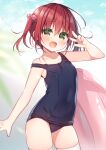  1girl :d bare_arms bare_shoulders black_one-piece_swimsuit blurry blurry_background blush breasts collarbone commentary_request covered_navel depth_of_field fang green_eyes hair_between_eyes hair_bobbles hair_ornament hanamiya_natsuka innertube looking_at_viewer old_school_swimsuit one-piece_swimsuit original red_hair school_swimsuit sidelocks small_breasts smile solo strap_slip swimsuit thighhighs twintails v_over_eye white_thighhighs 
