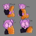  2023 absurd_res anthro bear biped eyes_closed eyewear food food_fetish glasses hi_res m00nch1ld_zzz mammal padre_(unicorn_wars) purple_body simple_background solo spanish_text suggestive suggestive_food text unicorn_wars waffle 