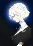  1other black_jacket blue_eyes character_request closed_mouth collared_shirt eyebrows_hidden_by_hair from_side hair_between_eyes highres houseki_no_kuni jacket kuzumochi_(kuzumochiya) looking_down other_focus profile puffy_short_sleeves puffy_sleeves shirt short_sleeves signature solo upper_body white_hair white_shirt 