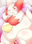  anthro belly blush chips_(food) cosith eating eating_food food fur generation_3_pokemon hi_res lazy lying male nintendo on_side overweight pawpads pokemon pokemon_(species) potato_chips solo white_body white_fur zangoose 