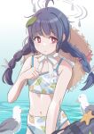  1girl ahoge animal bare_shoulders bikini bird blue_archive blunt_bangs braid commentary day french_braid frown hair_ornament halo hat hat_on_back highres holding leaf leaf_on_head leaf_print long_hair looking_to_the_side low_twintails miyu_(blue_archive) miyu_(swimsuit)_(blue_archive) neck_ribbon nikulas_cage official_alternate_costume outdoors print_bikini purple_hair red_eyes ribbon seagull starfish straw_hat swimsuit twin_braids twintails water white_bikini white_ribbon 